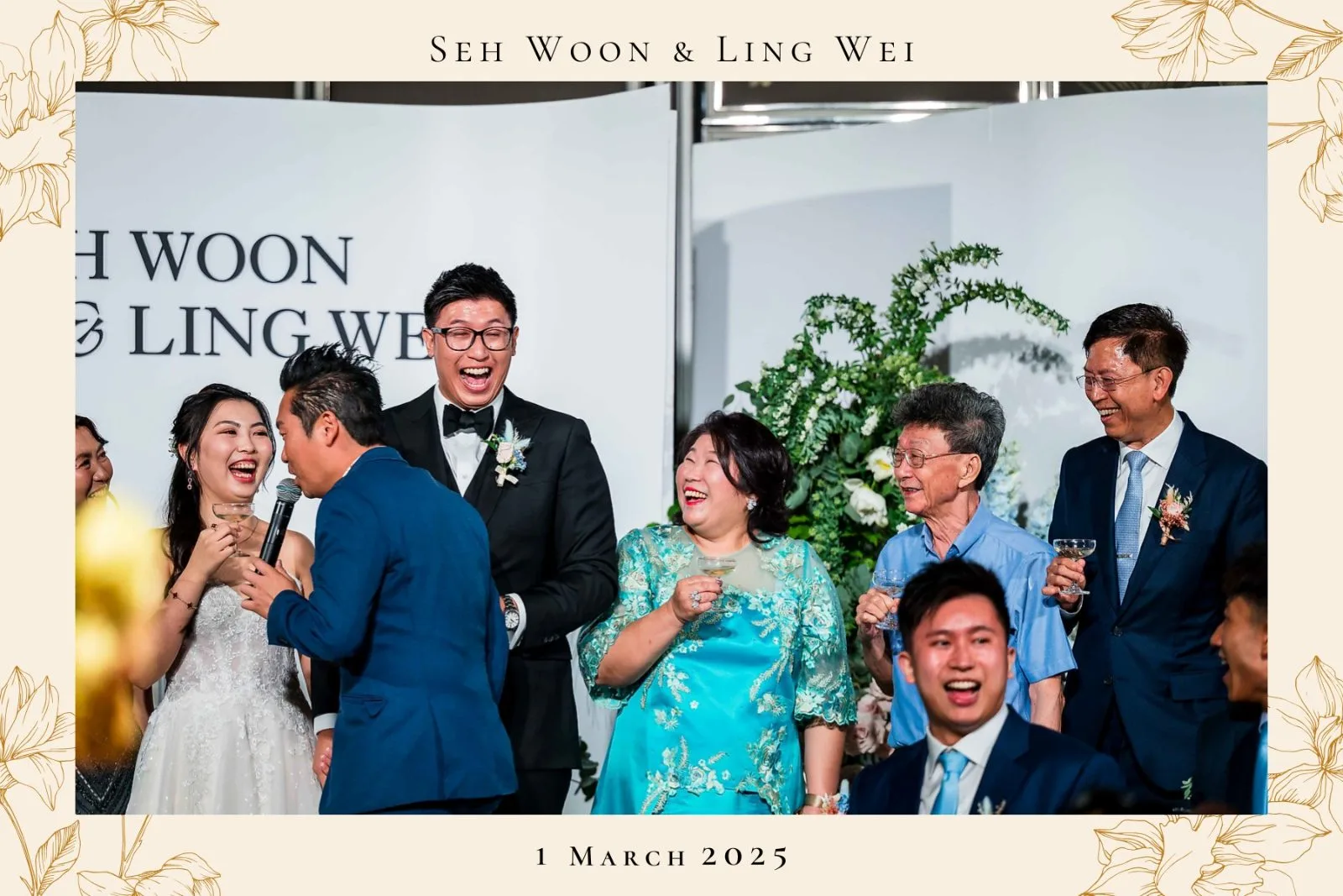 James Yang with the bride, groom and their guests on stage at a wedding banquet